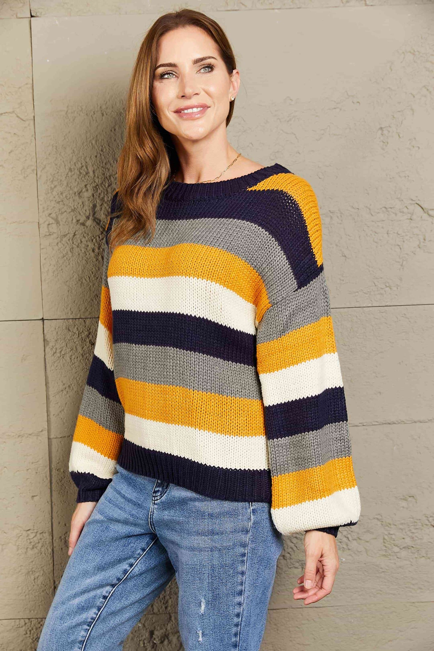 Woven Right Striped Dropped Shoulder Knitted Pullover Sweater