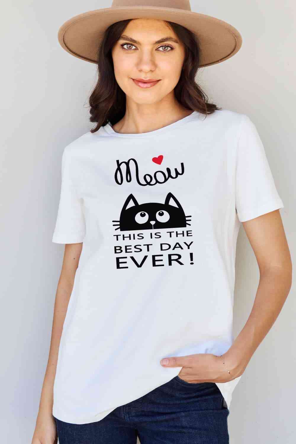 Simply Love Tamaño completo MIAU ¡ESTE ES EL MEJOR DÍA DE TODOS! Camiseta de algodón con gráfico