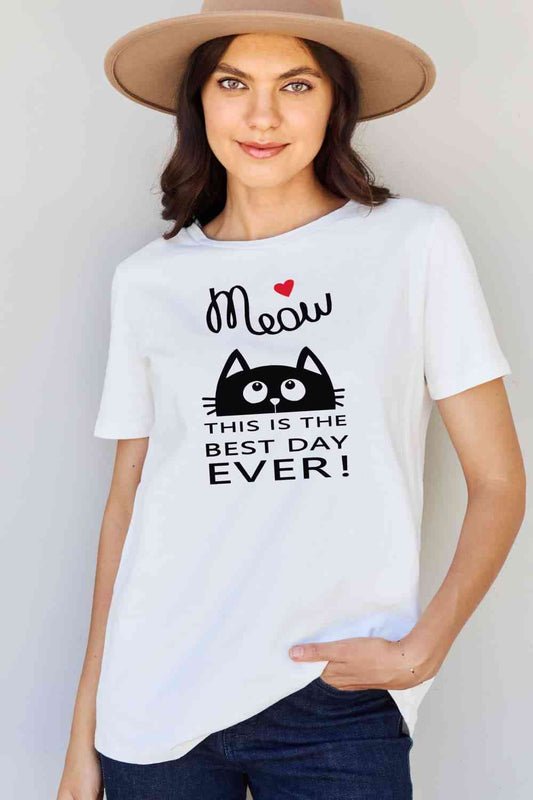 Simply Love Tamaño completo MIAU ¡ESTE ES EL MEJOR DÍA DE TODOS! Camiseta de algodón con gráfico