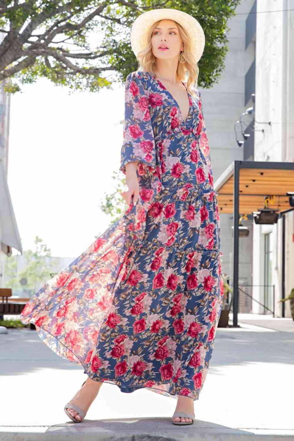 ee:some Floral Frill Trill Deep V Maxi Dress