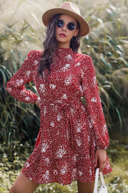 Printed Mock Neck Long Sleeve Tie Waist Mini Dress