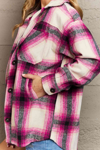 Zenana By The Fireplace Oversized Plaid Shacket in Magenta