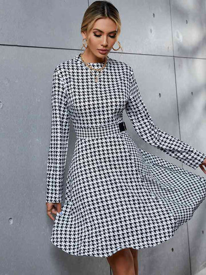 Houndstooth Long Sleeve Round Neck Dress