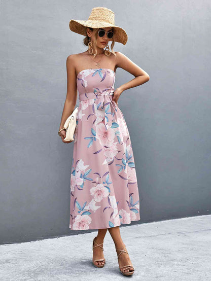 Vestido midi con estampado floral y cintura anudada con cuello recto