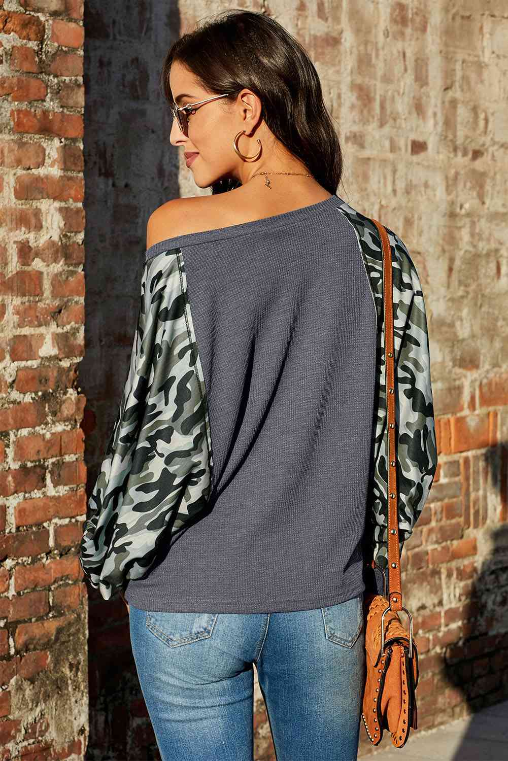 Camouflage Boat Neck Raglan Sleeve Top