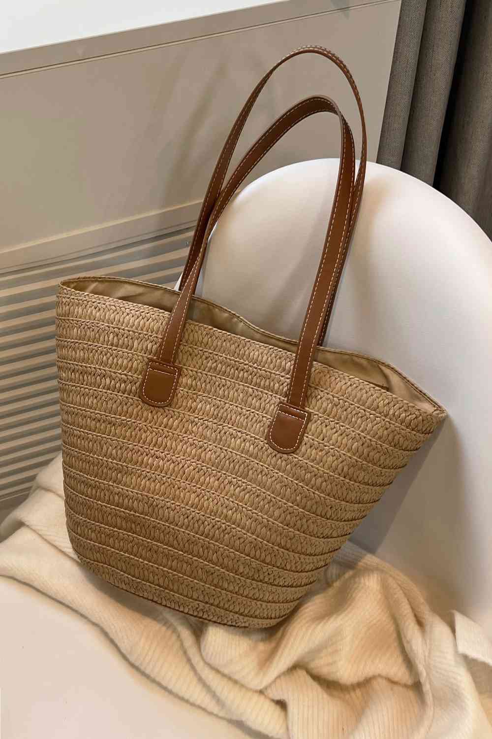 Bolso tote de paja con asa de cuero PU