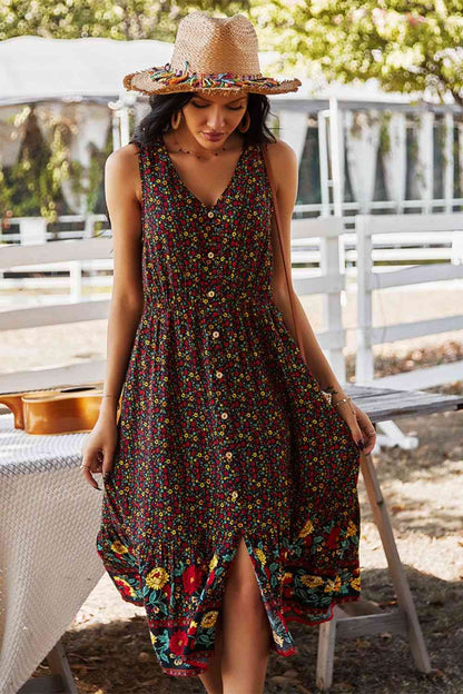 Robe midi sans manches à col en V et imprimé floral de style bohème