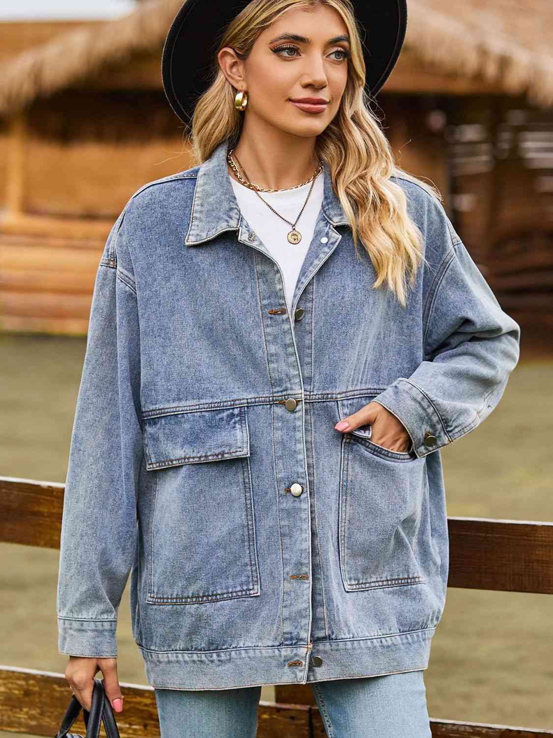 Veste en jean à épaules tombantes avec poches