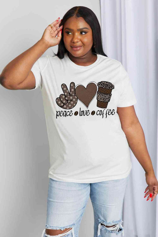 Camiseta de algodón con gráfico PEACE LOVE COFFEE de tamaño completo de Simply Love