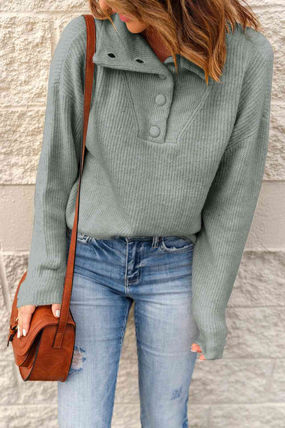 Double Take Half Button Dropped Shoulder Ribbed Sweater