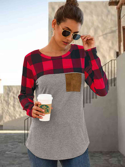 Plaid Round Neck Long Sleeve T-Shirt