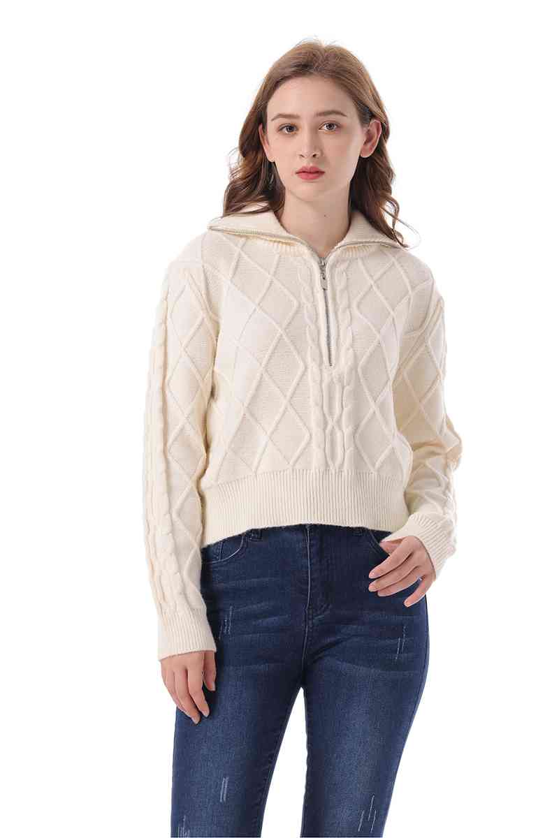 Zip-Up Collared Neck Long Sleeve Sweater