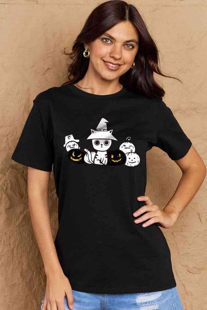 Simply Love T-shirt en coton avec motif chat et citrouille pleine taille