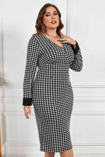 Melo Apparel Robe mi-longue à col en V et motif pied-de-poule de Grande taille