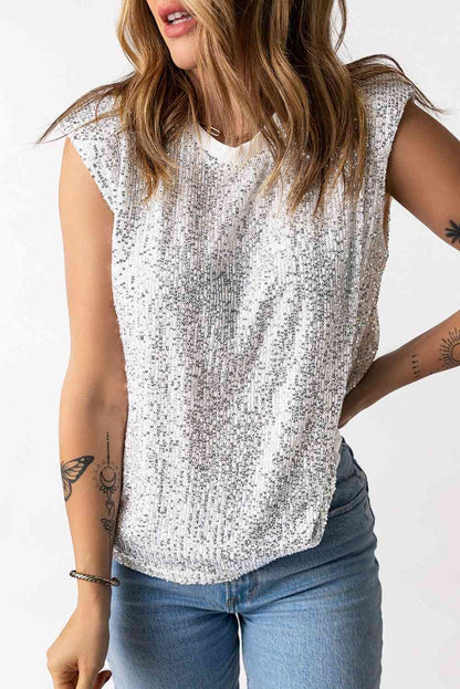 Camiseta sin mangas con cuello redondo y lentejuelas