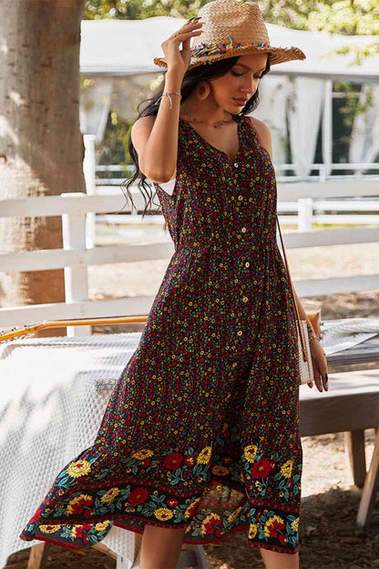 Vestido midi sin mangas con cuello en V estilo bohemio con estampado floral