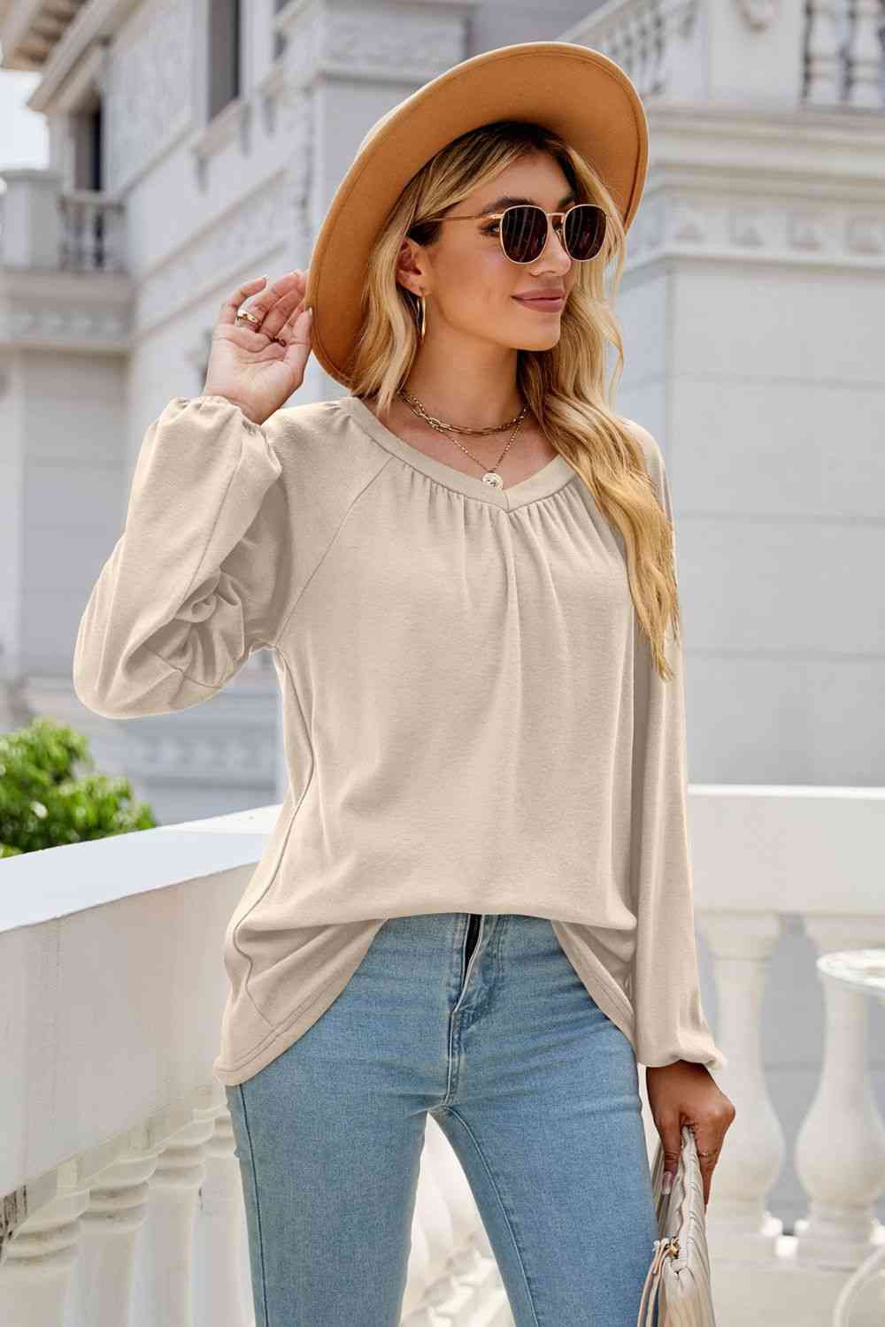 V-Neck Raglan Sleeve Ruched Detail Top