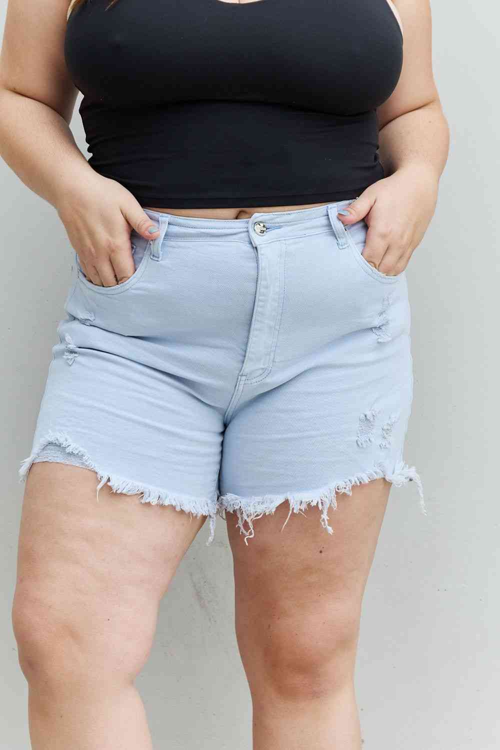 RISEN Katie Short taille haute effet vieilli pleine grandeur en bleu glacier