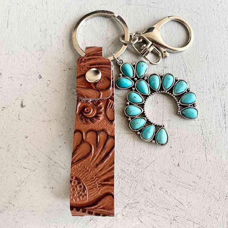 Porte-clés en cuir véritable turquoise