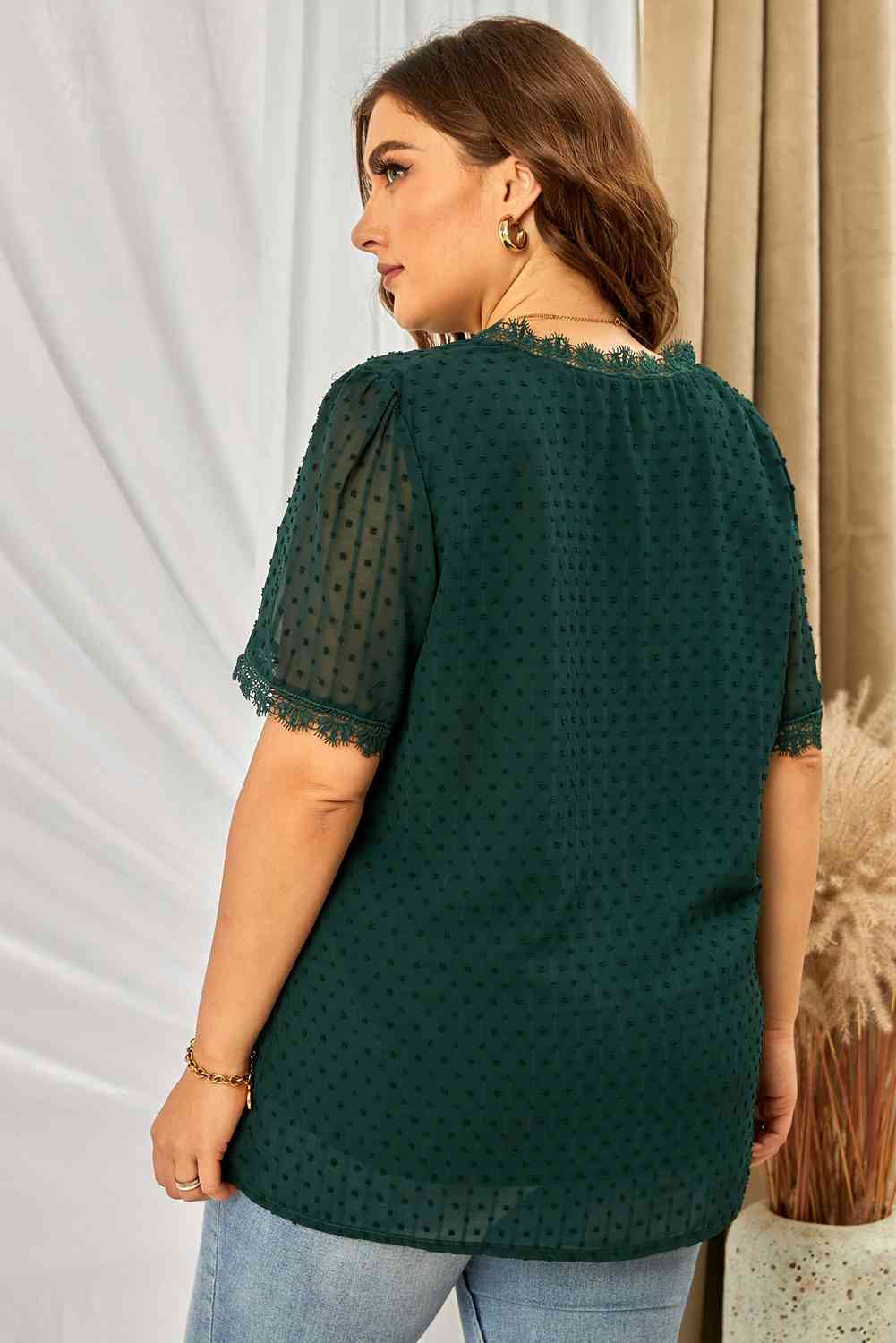 Plus Size Swiss Dot Spliced Lace V-Neck Blouse