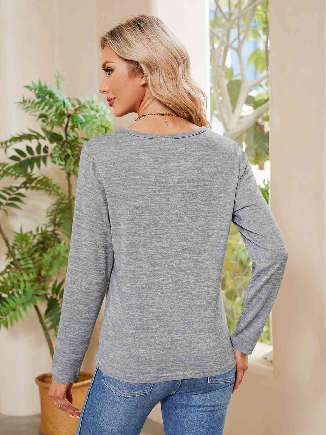 Buttoned Round Neck  Long Sleeve T-Shirt