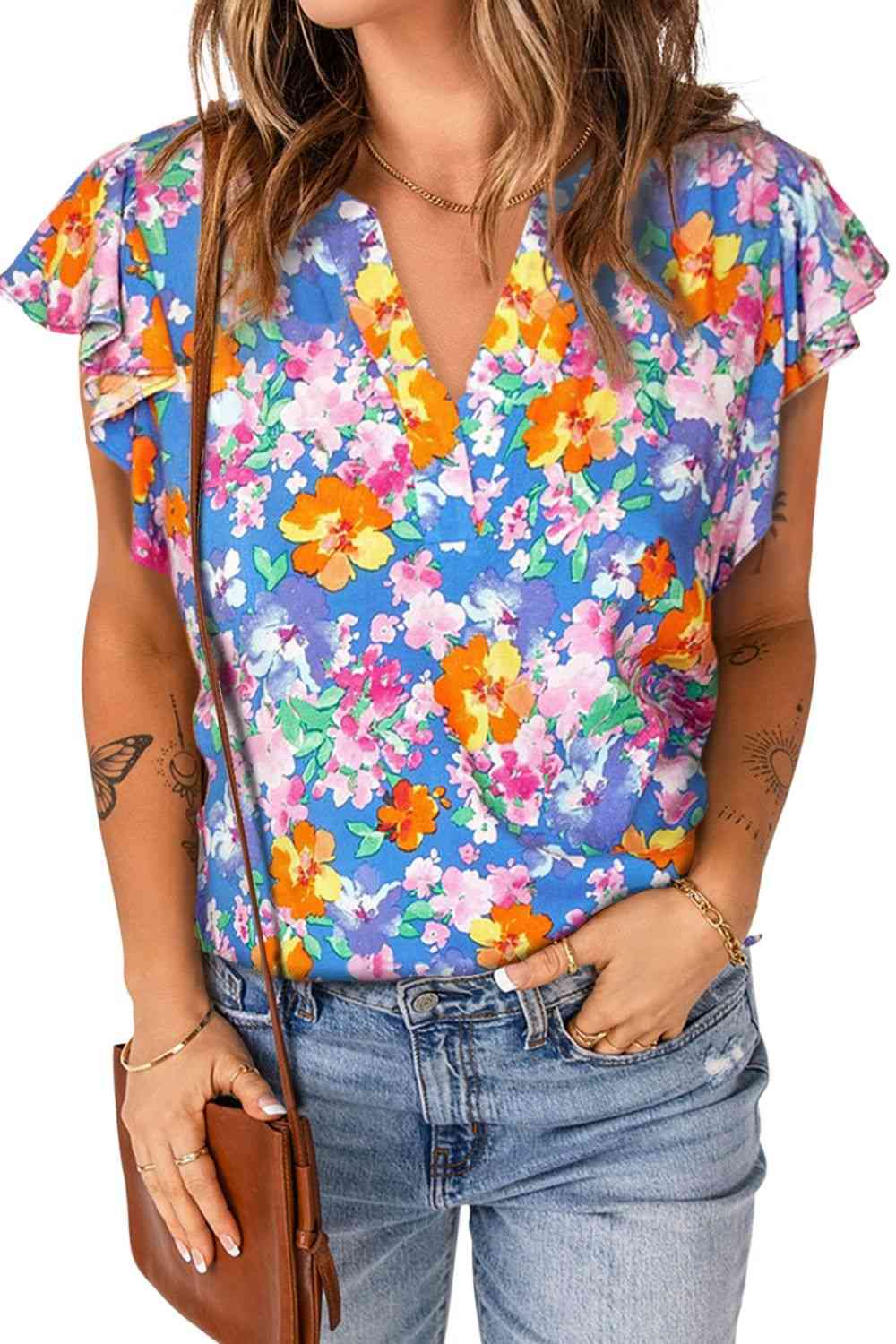 Floral Notched Neck Flutter Sleeve Blouse