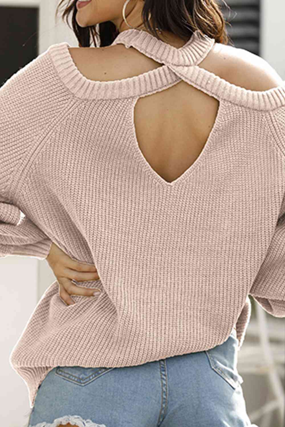 Ribbed Long Sleeve Cold Shoulder Knit Top