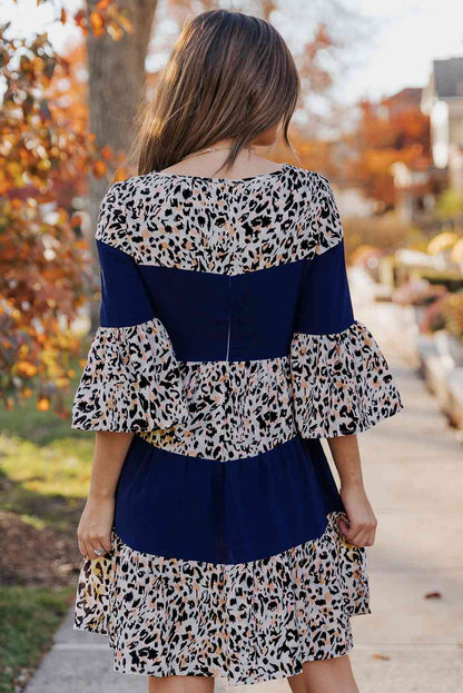 Animal Print Color Block Flare Sleeve Dress