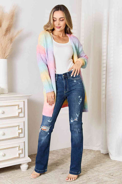 Cardigan long tissé à droite, dégradé multicolore, ouvert sur le devant