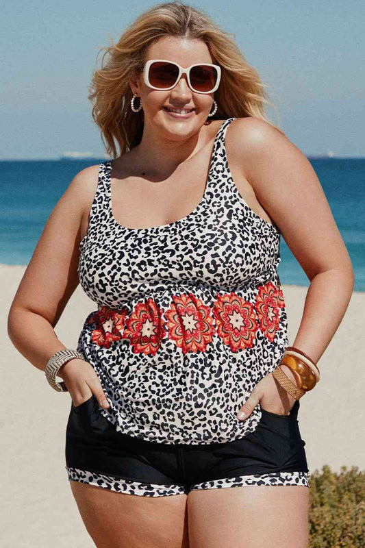 Ensemble Tankini à Imprimés Mixtes de Grande Taille avec Poches