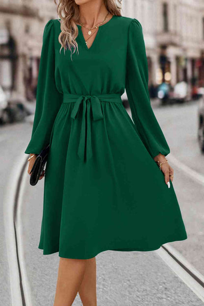 Tie Waist Notched Neck Long Sleeve Dress