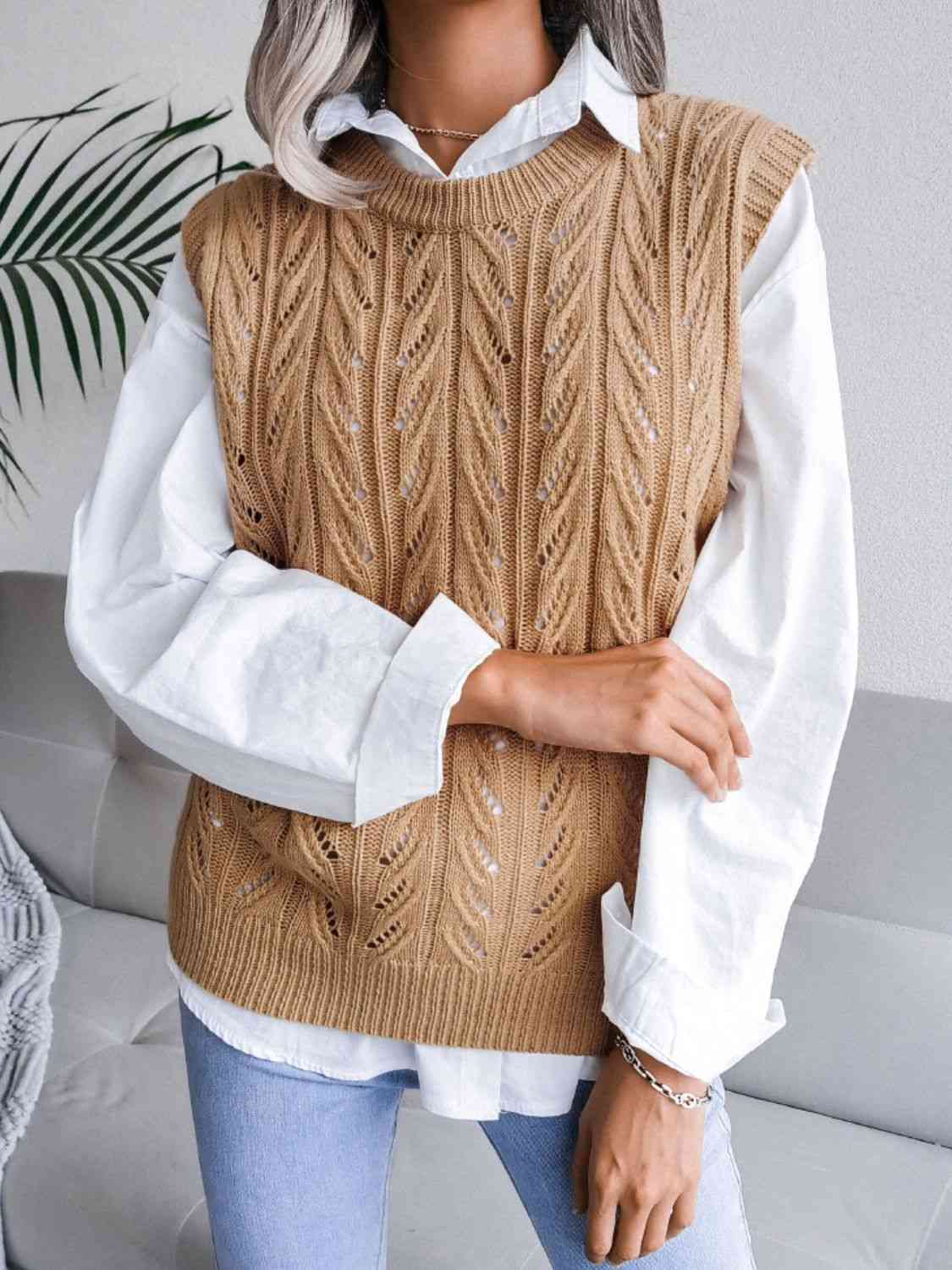 Gilet pull ajouré à col rond et manches courtes