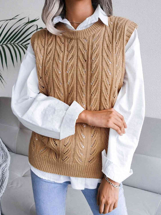 Round Neck Openwork Capped Sleeve Sweater Vest
