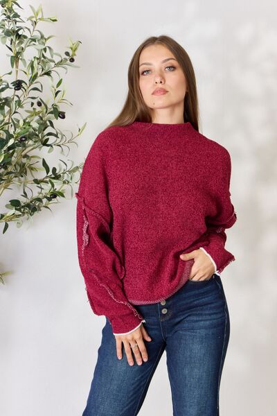 Zenana Exposed Seam Mock Neck Long Sleeve Blouse