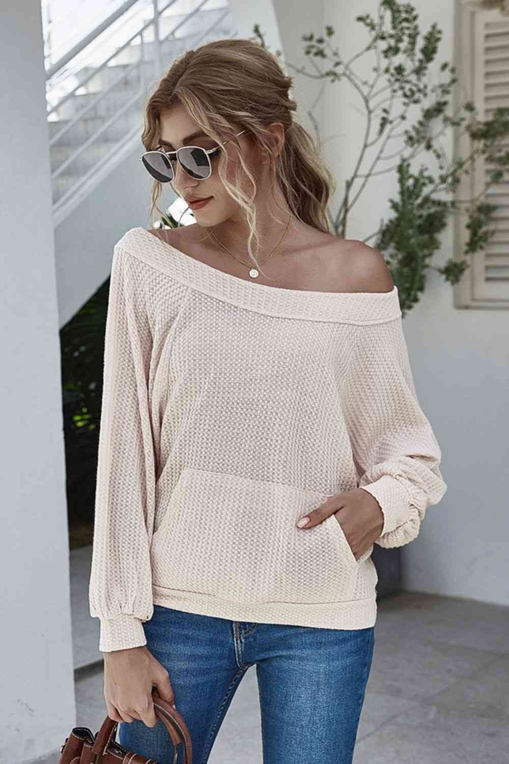 Blouse à manches lanternes en tricot gaufré à col bateau avec poche