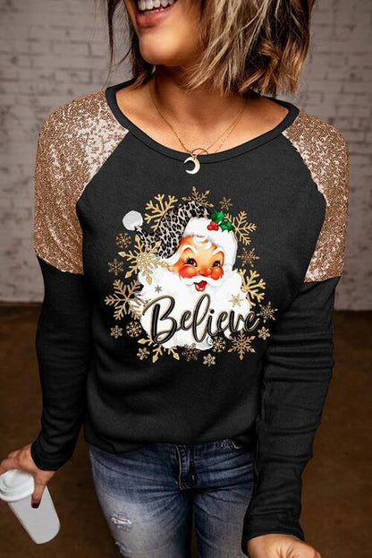 BELIEVE Blusa de manga larga con cuello redondo y lentejuelas