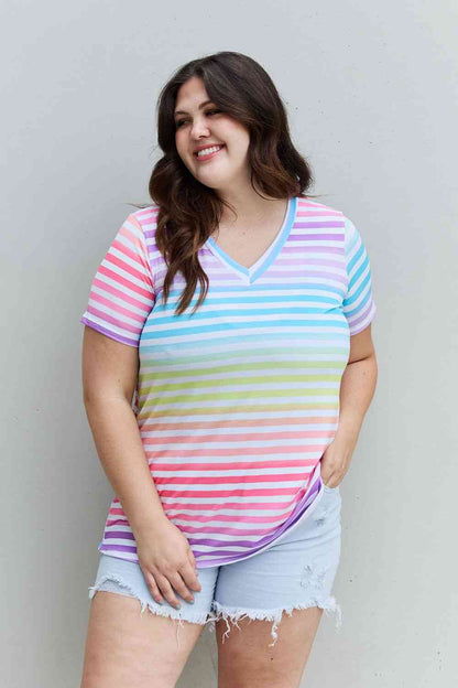 Heimish Out And Proud Full Size Multicolored Striped V-Neck Short Sleeve Top