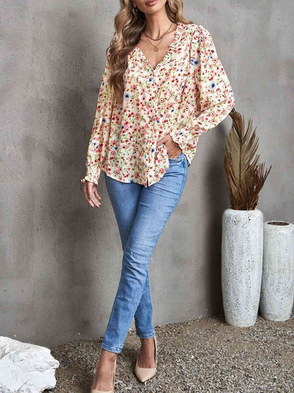 Floral Frill Trim V-Neck Flounce Sleeve Blouse