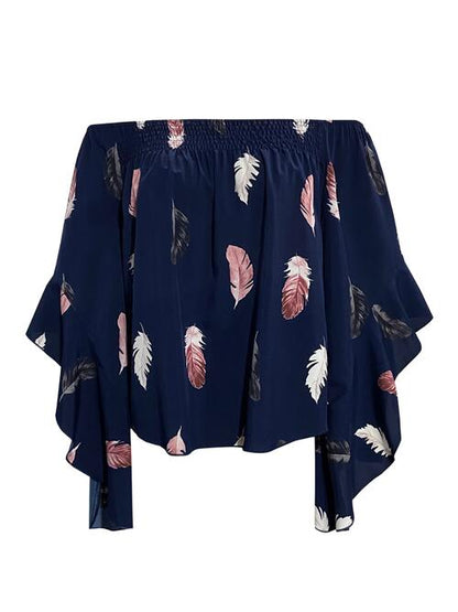 Blouse smockée à épaules dénudées et imprimé plumes