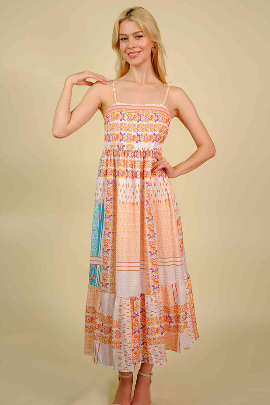 Printed Spaghetti Strap Smocked Midi Dress