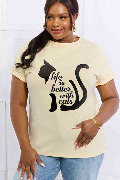 Simply Love Simply Love Taille réelle LA VIE EST MEILLEURE AVEC LES CHATS T-shirt en coton graphique