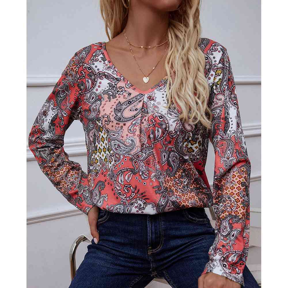 Printed V-Neck Long Sleeve Blouse