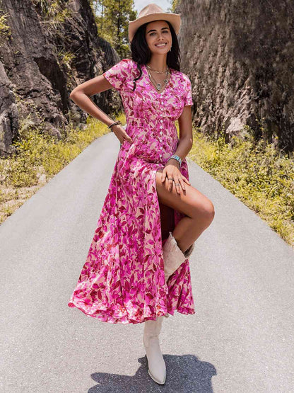 Floral V-Neck Slit Dress