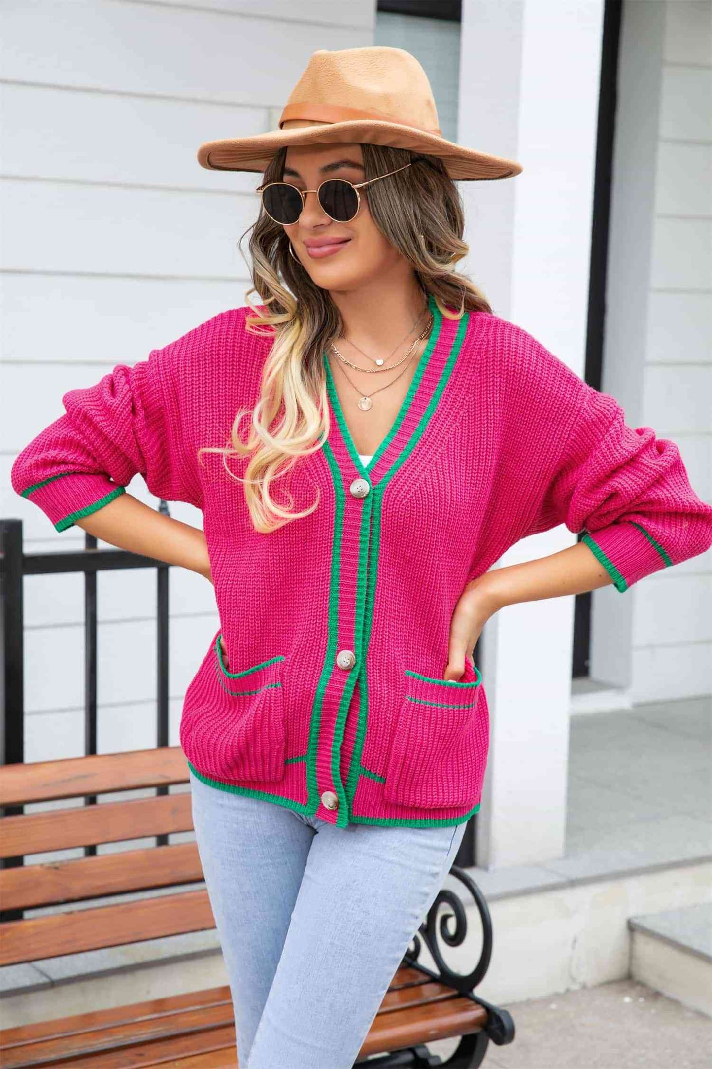 Cardigan à col en V en tricot gaufré avec poche