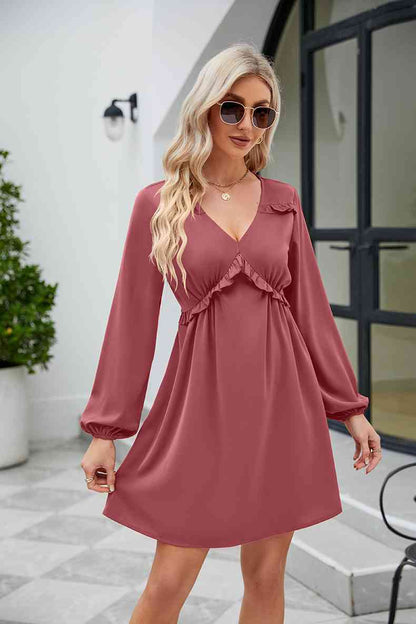 Frill Trim V-Neck Long Sleeve Dress