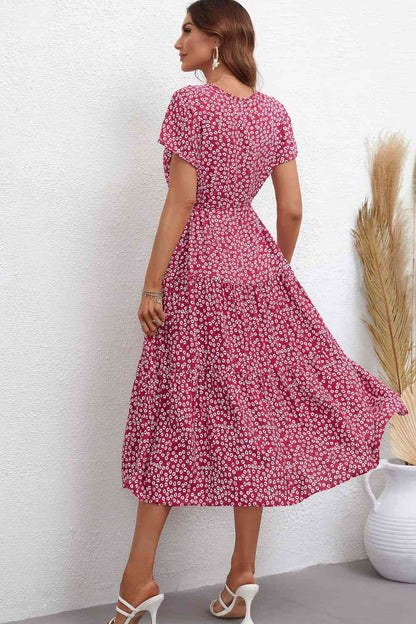 Floral Round Neck Tie Waist Tiered Midi Dress