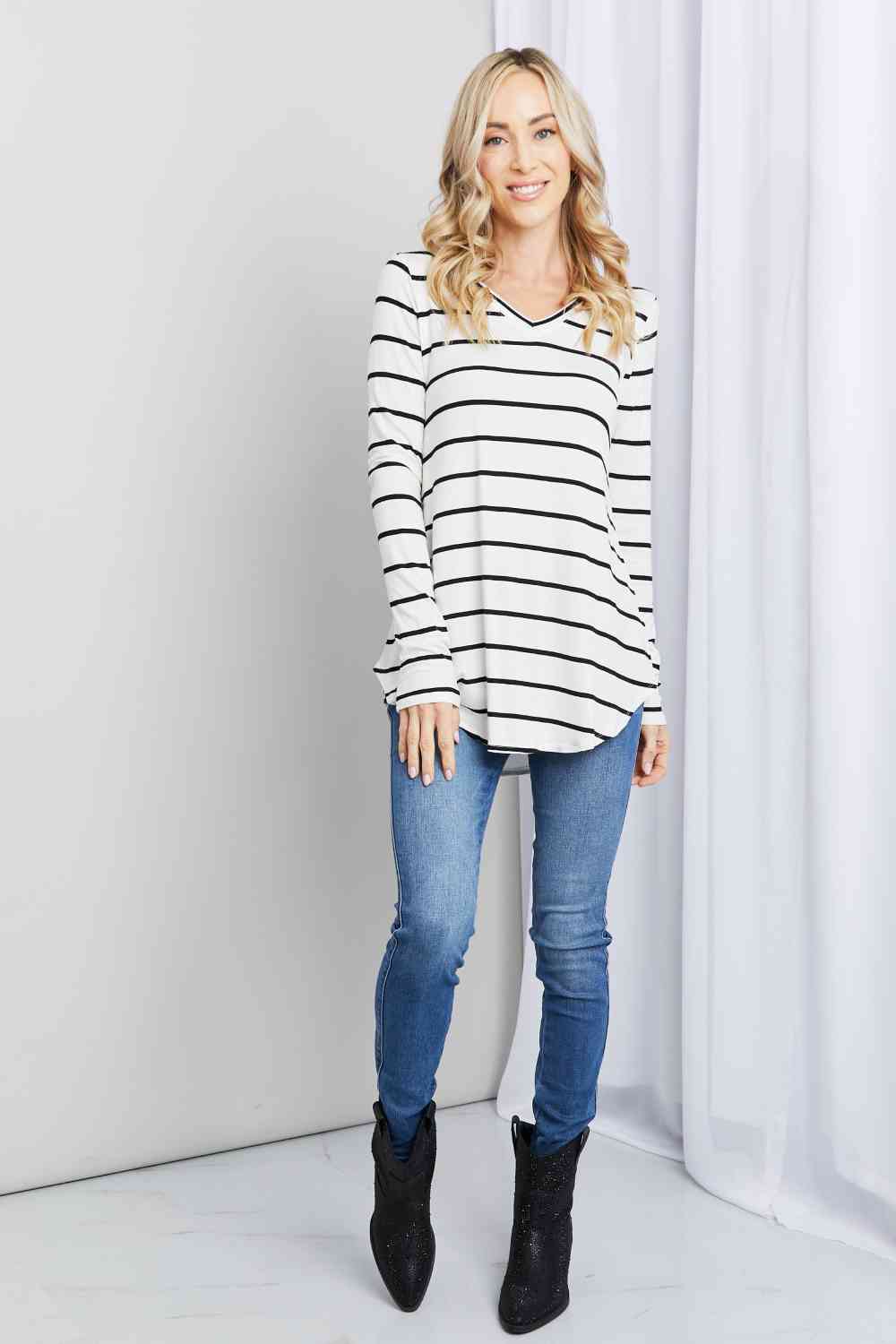 Zenana Full Size Striped V-Neck Long Sleeve Top