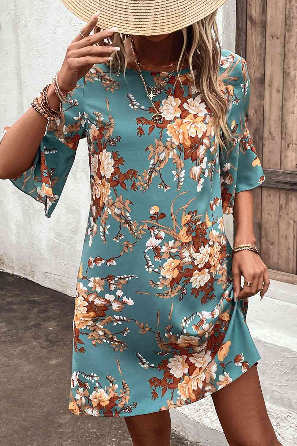 Floral Print Round Neck Flounce Sleeve Mini Dress