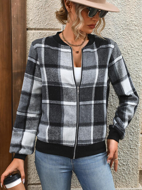 Plaid Zip Up Baseball Collar Jacket