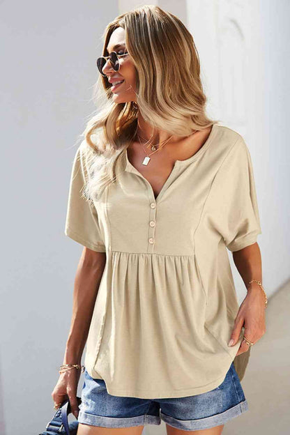 Double Take Buttoned Notched Neck Short Sleeve Top